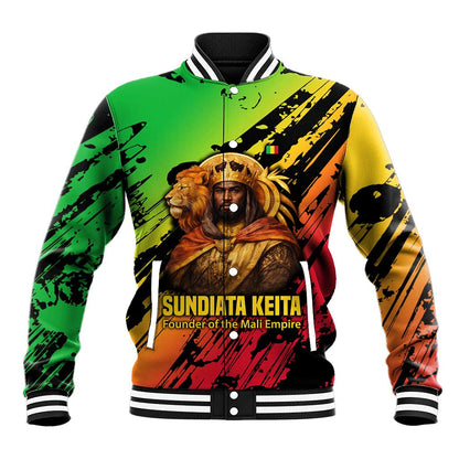 Sundiata Keita Baseball Jacket with Regal Portrait, Lion of Mali Title and Bold Tribal Brushstroke Pattern - African Pride