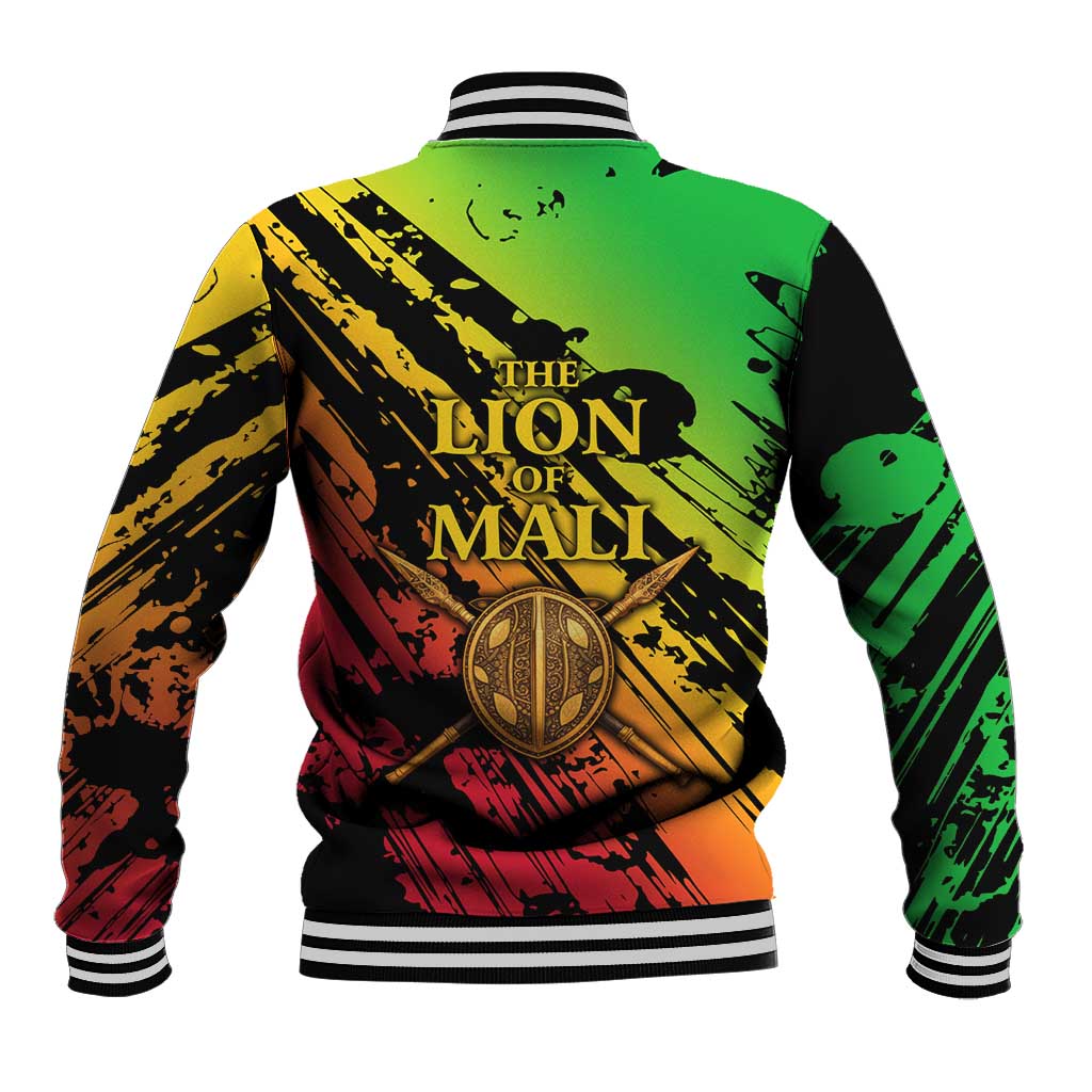 Sundiata Keita Baseball Jacket with Regal Portrait, Lion of Mali Title and Bold Tribal Brushstroke Pattern - African Pride