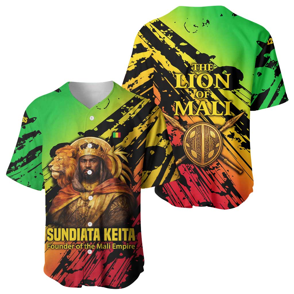 Sundiata Keita Baseball Jersey with Regal Portrait, Lion of Mali Title and Bold Tribal Brushstroke Pattern - African Pride