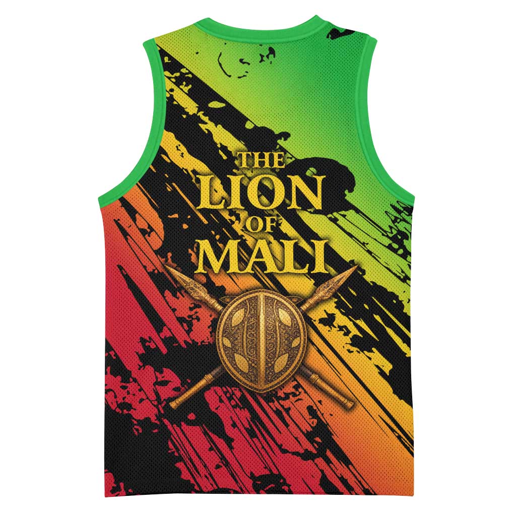 Sundiata Keita Basketball Jersey with Regal Portrait, Lion of Mali Title and Bold Tribal Brushstroke Pattern - African Pride