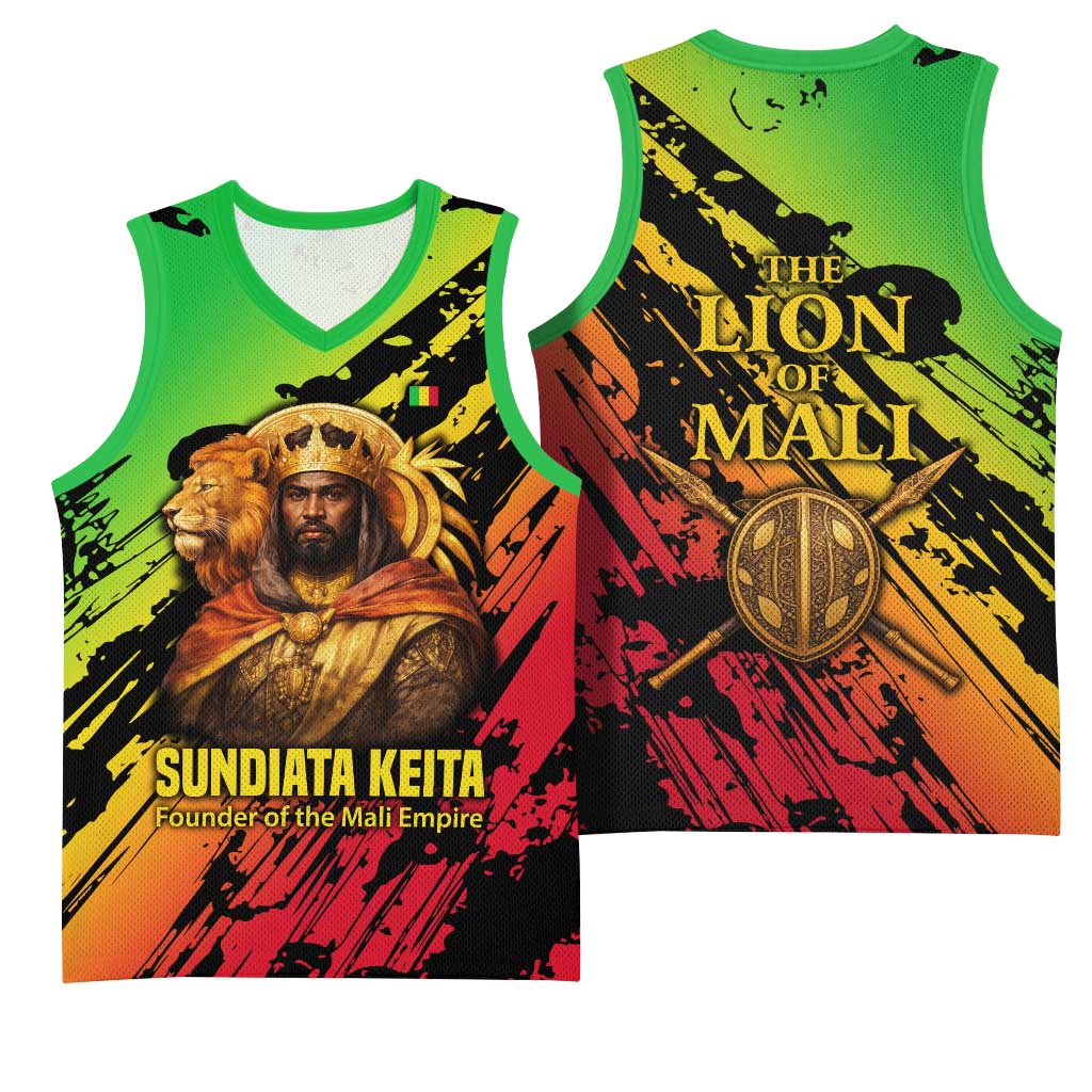 Sundiata Keita Basketball Jersey with Regal Portrait, Lion of Mali Title and Bold Tribal Brushstroke Pattern - African Pride