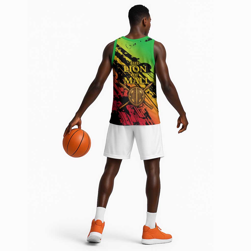 Sundiata Keita Basketball Jersey with Regal Portrait, Lion of Mali Title and Bold Tribal Brushstroke Pattern - African Pride
