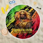 Sundiata Keita Beach Blanket with Regal Portrait, Lion of Mali Title and Bold Tribal Brushstroke Pattern - African Pride