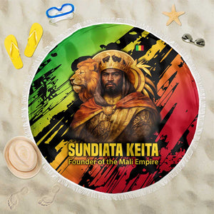 Sundiata Keita Beach Blanket with Regal Portrait, Lion of Mali Title and Bold Tribal Brushstroke Pattern - African Pride