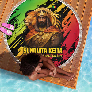 Sundiata Keita Beach Blanket with Regal Portrait, Lion of Mali Title and Bold Tribal Brushstroke Pattern - African Pride