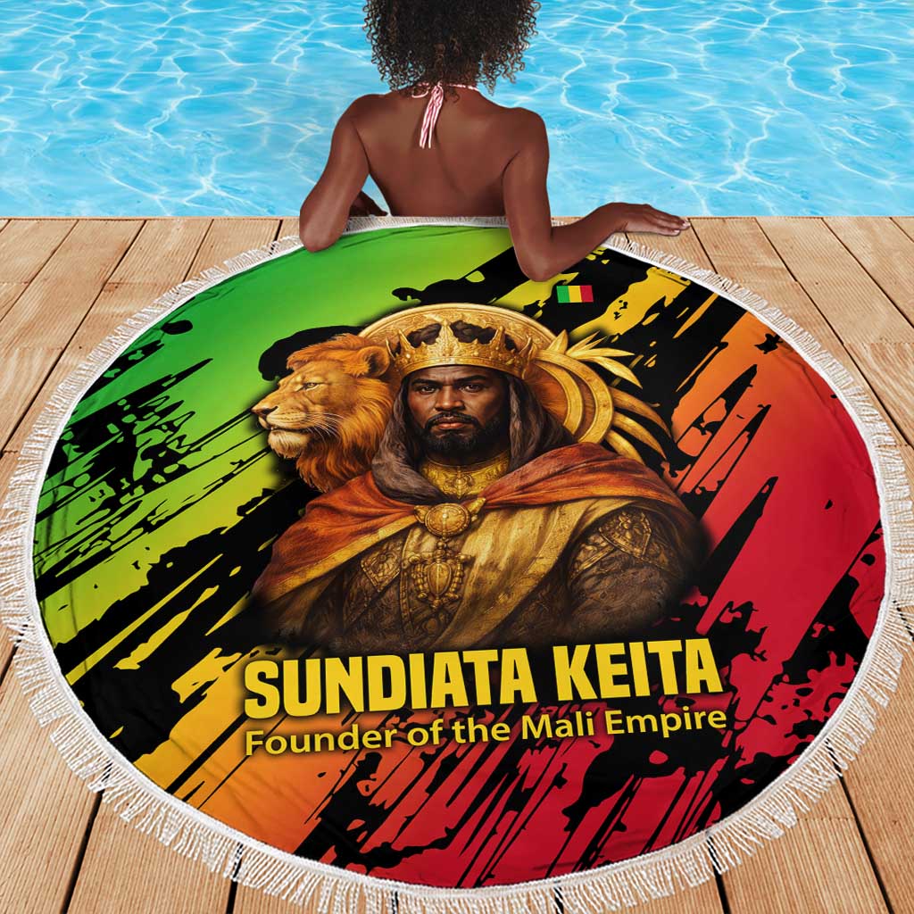 Sundiata Keita Beach Blanket with Regal Portrait, Lion of Mali Title and Bold Tribal Brushstroke Pattern - African Pride