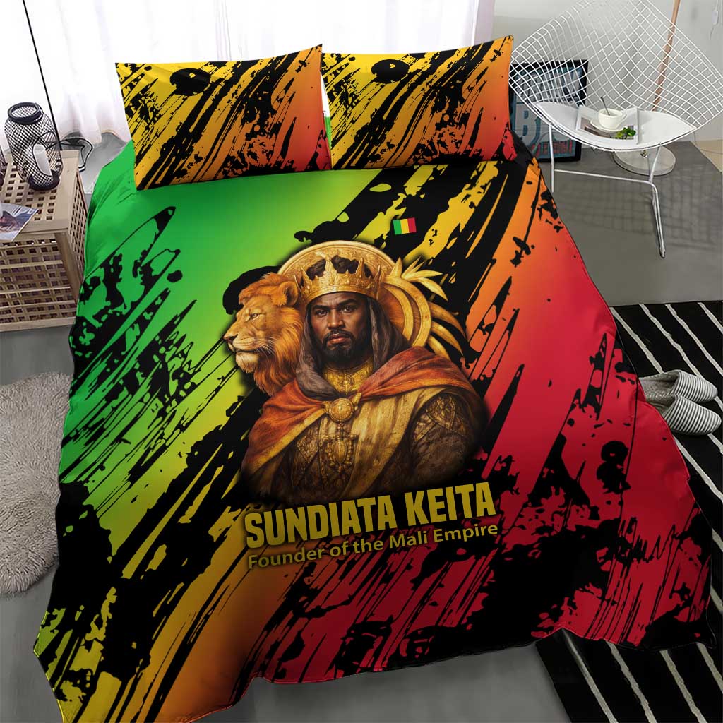 Sundiata Keita Bedding Set with Regal Portrait, Lion of Mali Title and Bold Tribal Brushstroke Pattern - African Pride
