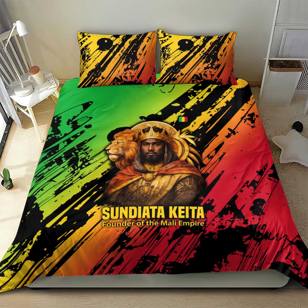 Sundiata Keita Bedding Set with Regal Portrait, Lion of Mali Title and Bold Tribal Brushstroke Pattern - African Pride