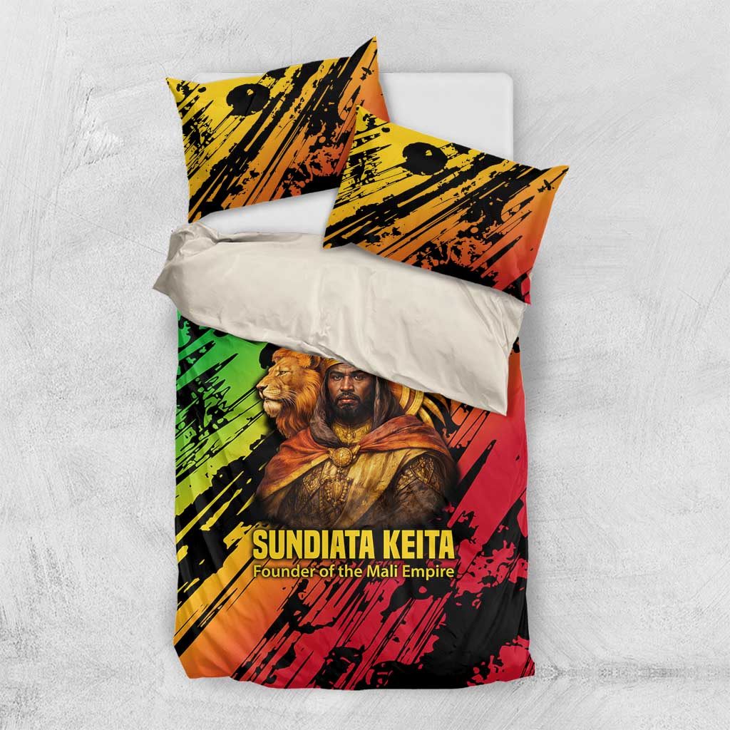 Sundiata Keita Bedding Set with Regal Portrait, Lion of Mali Title and Bold Tribal Brushstroke Pattern - African Pride
