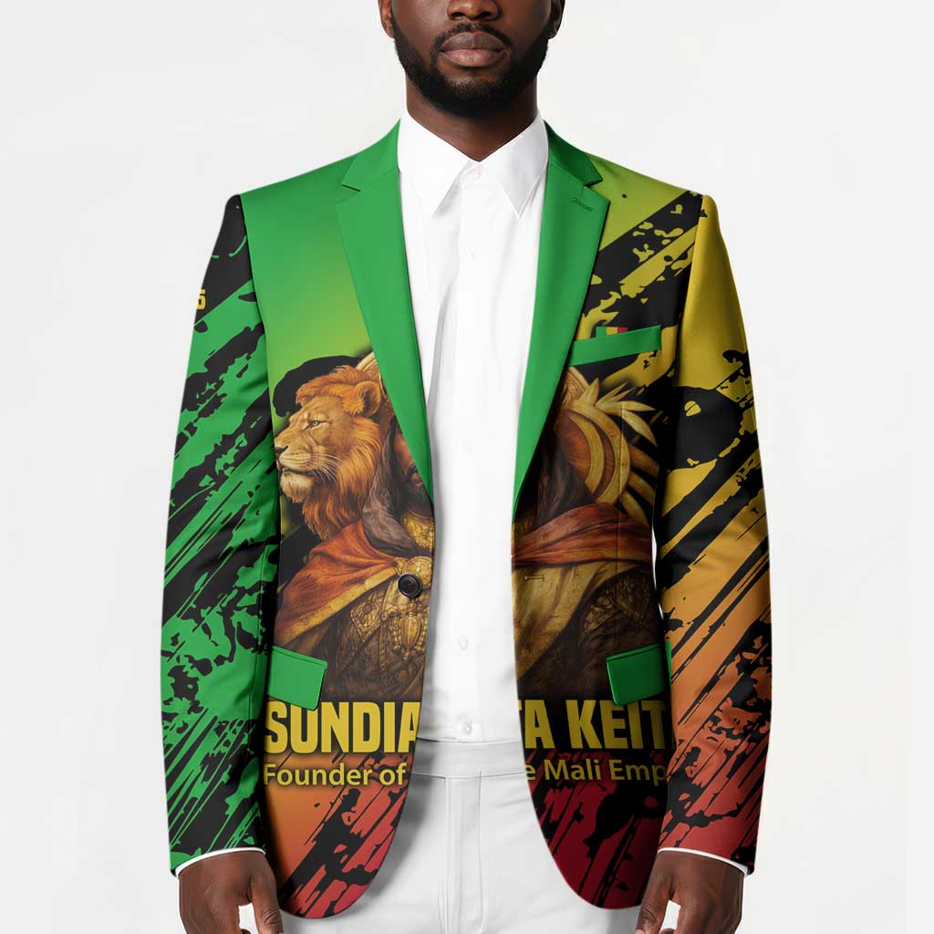 Sundiata Keita Blazer with Regal Portrait, Lion of Mali Title and Bold Tribal Brushstroke Pattern - African Pride