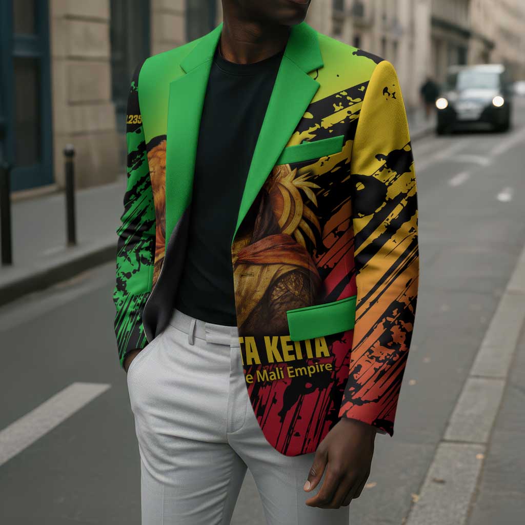 Sundiata Keita Blazer with Regal Portrait, Lion of Mali Title and Bold Tribal Brushstroke Pattern - African Pride