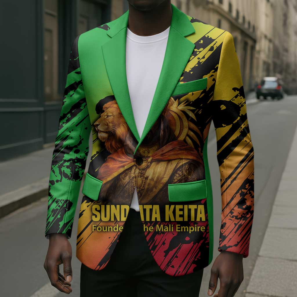 Sundiata Keita Blazer with Regal Portrait, Lion of Mali Title and Bold Tribal Brushstroke Pattern - African Pride