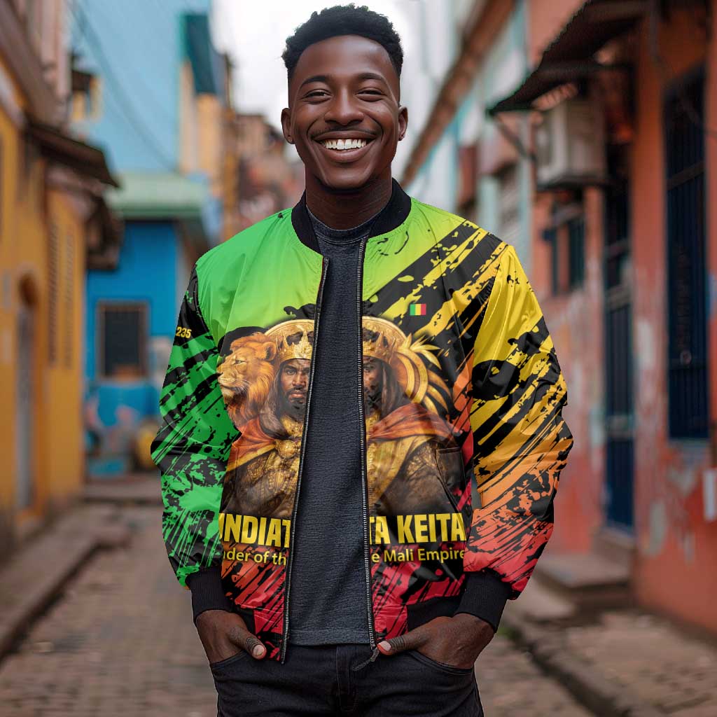 Sundiata Keita Bomber Jacket with Regal Portrait, Lion of Mali Title and Bold Tribal Brushstroke Pattern - African Pride