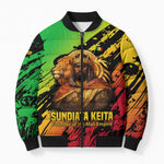 Sundiata Keita Bomber Puffer Jacket with Regal Portrait, Lion of Mali Title and Bold Tribal Brushstroke Pattern - African Pride