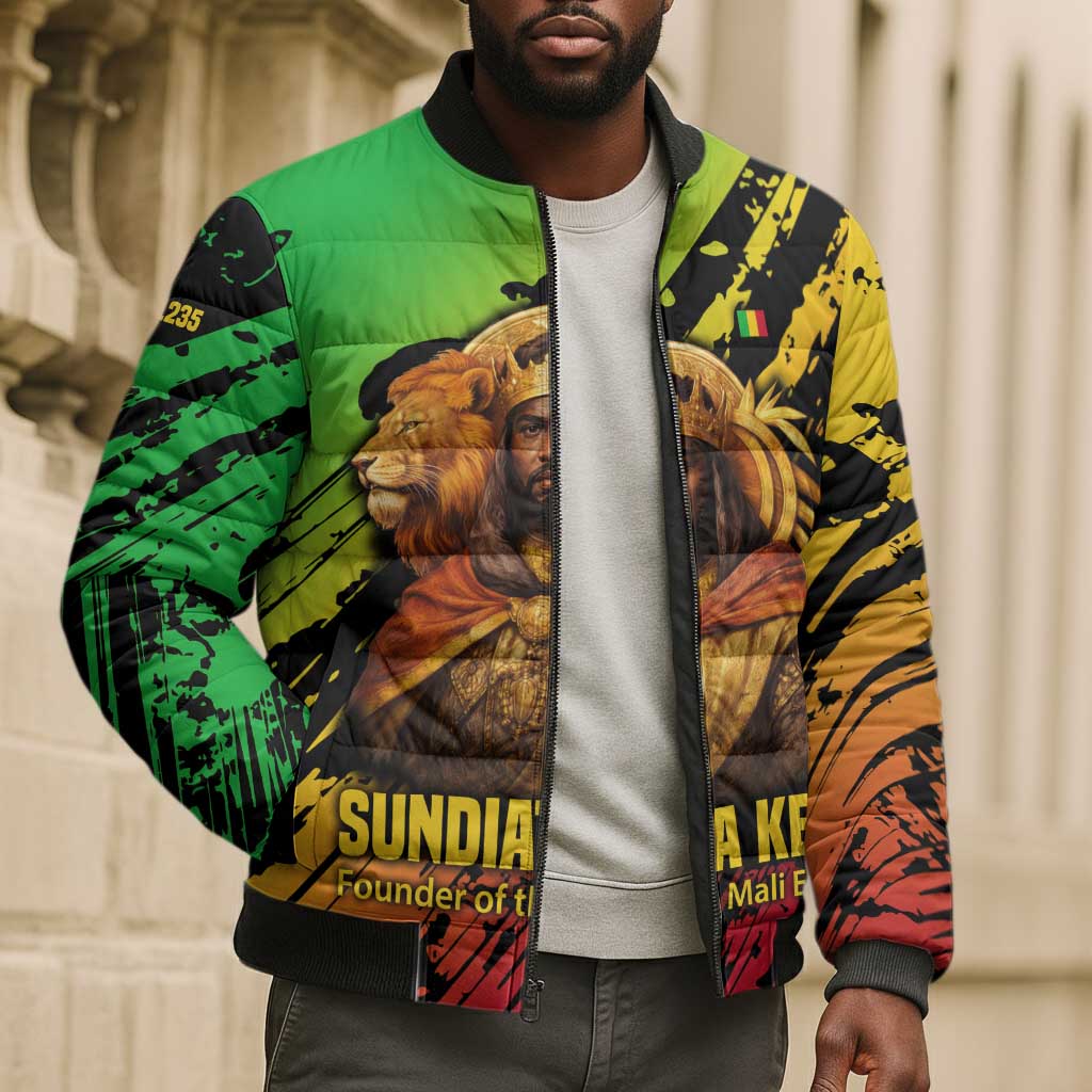 Sundiata Keita Bomber Puffer Jacket with Regal Portrait, Lion of Mali Title and Bold Tribal Brushstroke Pattern - African Pride