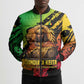 Sundiata Keita Bomber Puffer Jacket with Regal Portrait, Lion of Mali Title and Bold Tribal Brushstroke Pattern - African Pride
