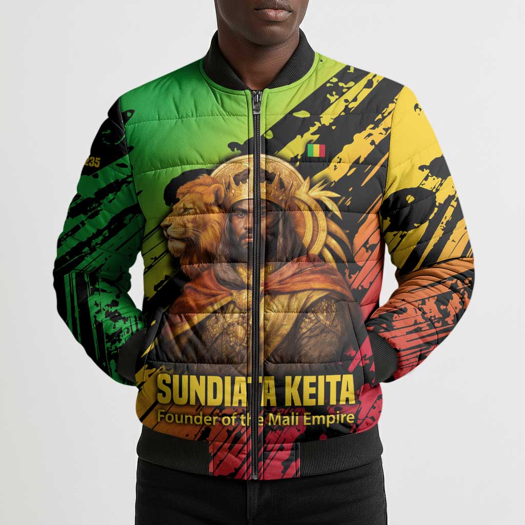 Sundiata Keita Bomber Puffer Jacket with Regal Portrait, Lion of Mali Title and Bold Tribal Brushstroke Pattern - African Pride