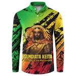 Sundiata Keita Button Sweatshirt with Regal Portrait, Lion of Mali Title and Bold Tribal Brushstroke Pattern