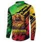 Sundiata Keita Button Sweatshirt with Regal Portrait, Lion of Mali Title and Bold Tribal Brushstroke Pattern