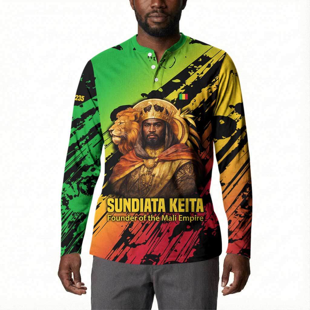 Sundiata Keita Button Sweatshirt with Regal Portrait, Lion of Mali Title and Bold Tribal Brushstroke Pattern