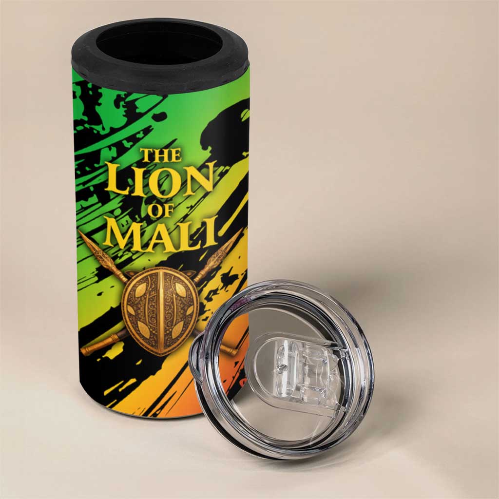 Sundiata Keita 4 in 1 Can Cooler Tumbler with Regal Portrait, Lion of Mali Title and Bold Tribal Brushstroke Pattern - African Pride