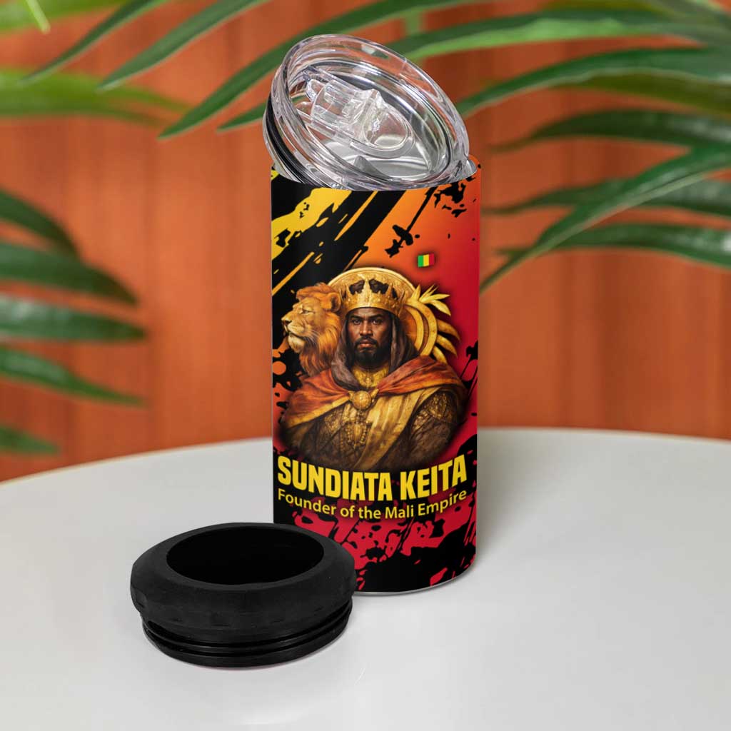 Sundiata Keita 4 in 1 Can Cooler Tumbler with Regal Portrait, Lion of Mali Title and Bold Tribal Brushstroke Pattern - African Pride
