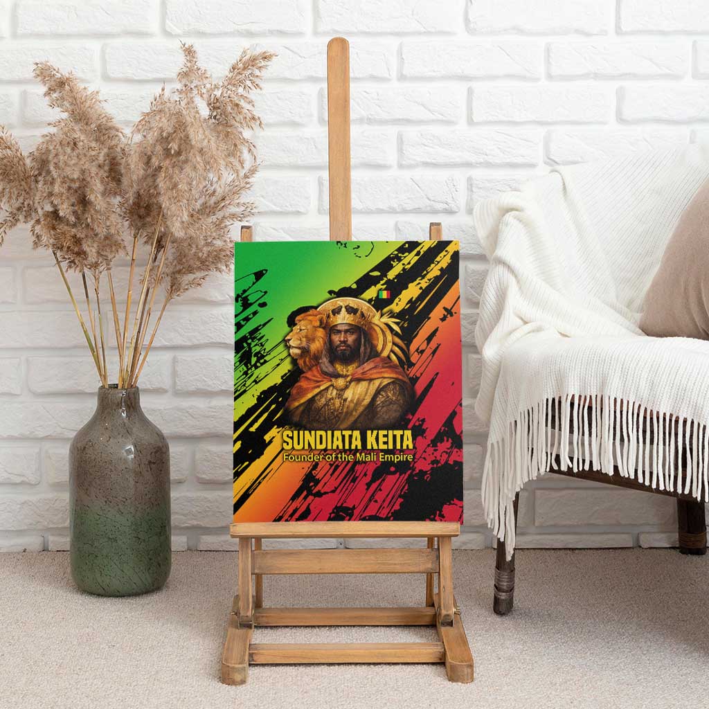 Sundiata Keita Canvas Wall Art with Regal Portrait, Lion of Mali Title and Bold Tribal Brushstroke Pattern - African Pride