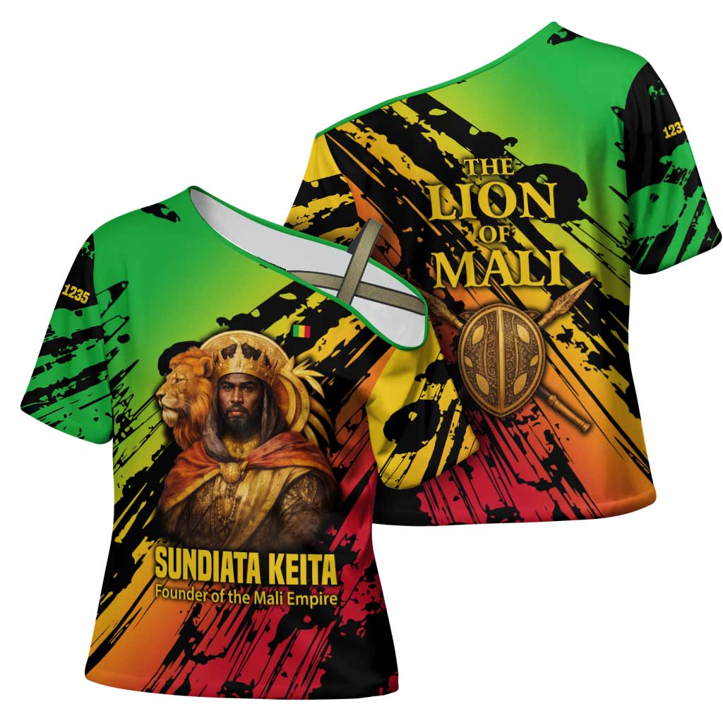 Sundiata Keita Cross Shoulder Shirt with Regal Portrait, Lion of Mali Title and Bold Tribal Brushstroke Pattern - African Pride