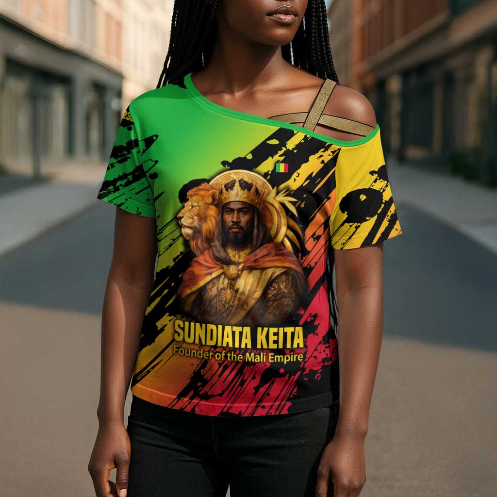 Sundiata Keita Cross Shoulder Shirt with Regal Portrait, Lion of Mali Title and Bold Tribal Brushstroke Pattern - African Pride