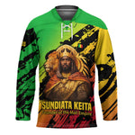 Sundiata Keita Hockey Jersey with Regal Portrait, Lion of Mali Title and Bold Tribal Brushstroke Pattern - African Pride