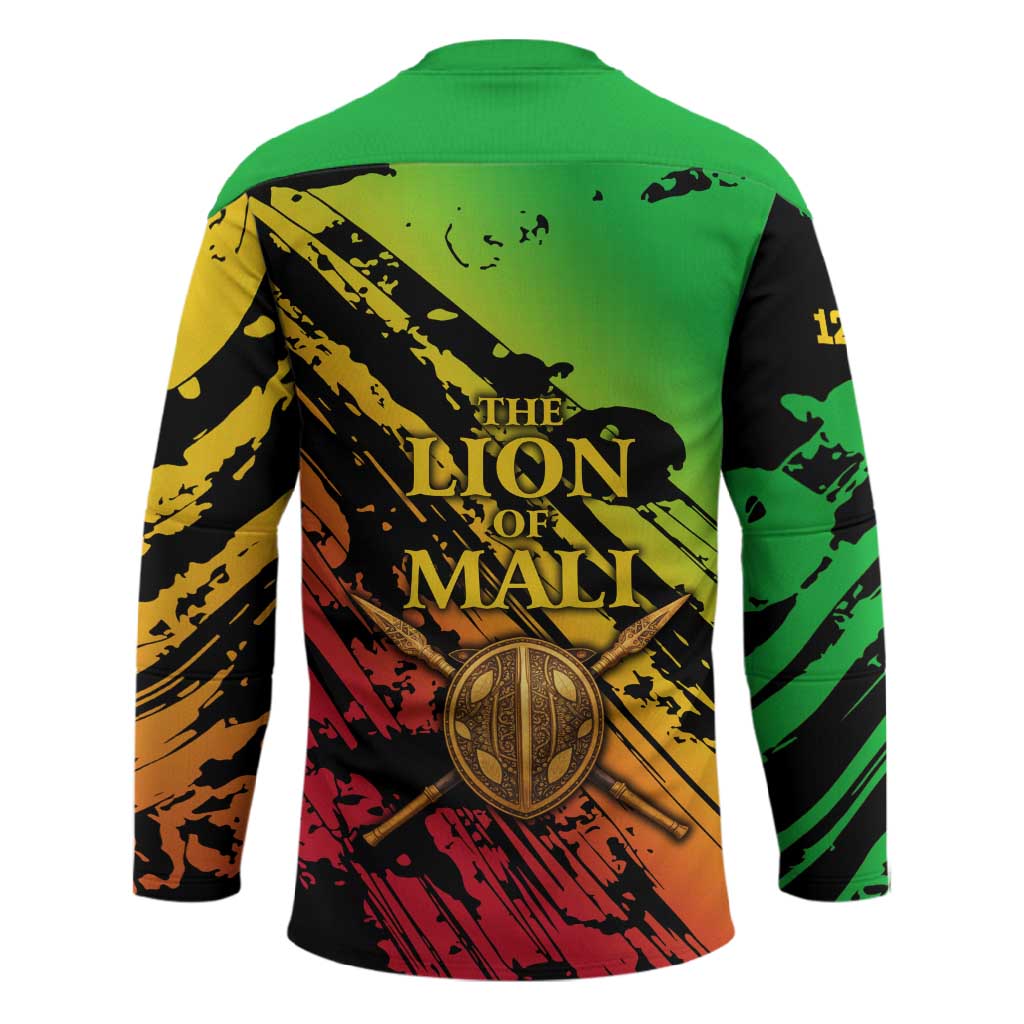 Sundiata Keita Hockey Jersey with Regal Portrait, Lion of Mali Title and Bold Tribal Brushstroke Pattern - African Pride