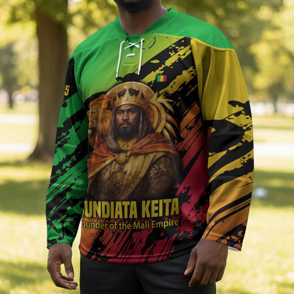 Sundiata Keita Hockey Jersey with Regal Portrait, Lion of Mali Title and Bold Tribal Brushstroke Pattern - African Pride