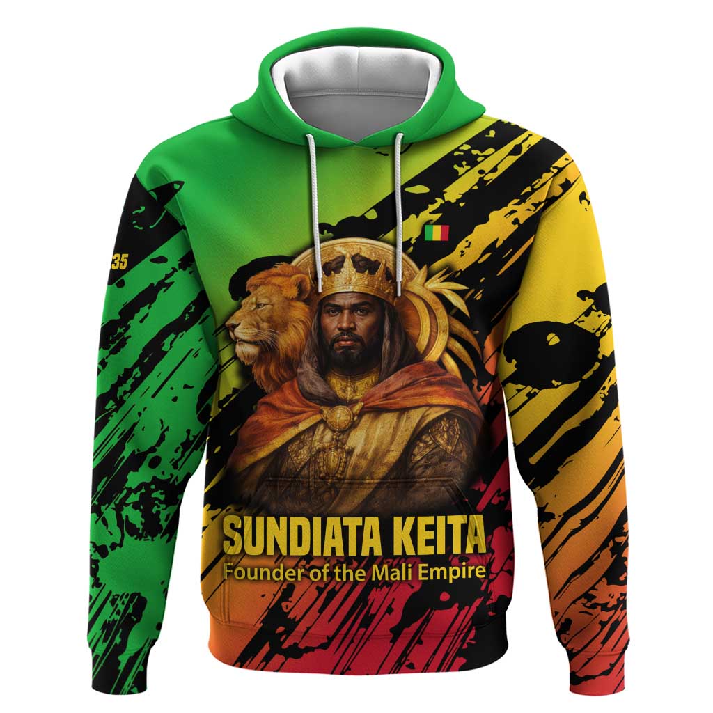 Sundiata Keita Hoodie with Regal Portrait, Lion of Mali Title and Bold Tribal Brushstroke Pattern - African Pride