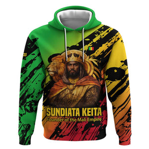 Sundiata Keita Hoodie with Regal Portrait, Lion of Mali Title and Bold Tribal Brushstroke Pattern - African Pride