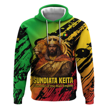 Sundiata Keita Hoodie with Regal Portrait, Lion of Mali Title and Bold Tribal Brushstroke Pattern - African Pride
