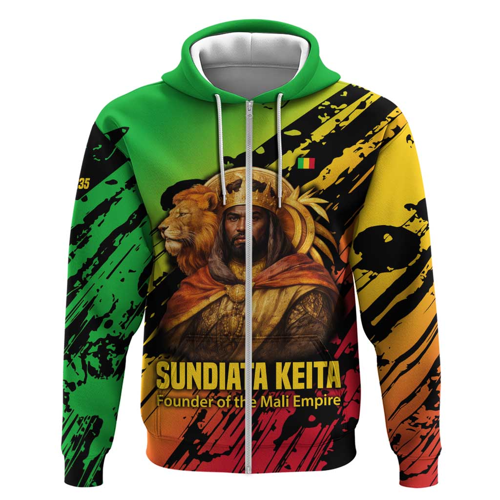 Sundiata Keita Hoodie with Regal Portrait, Lion of Mali Title and Bold Tribal Brushstroke Pattern - African Pride