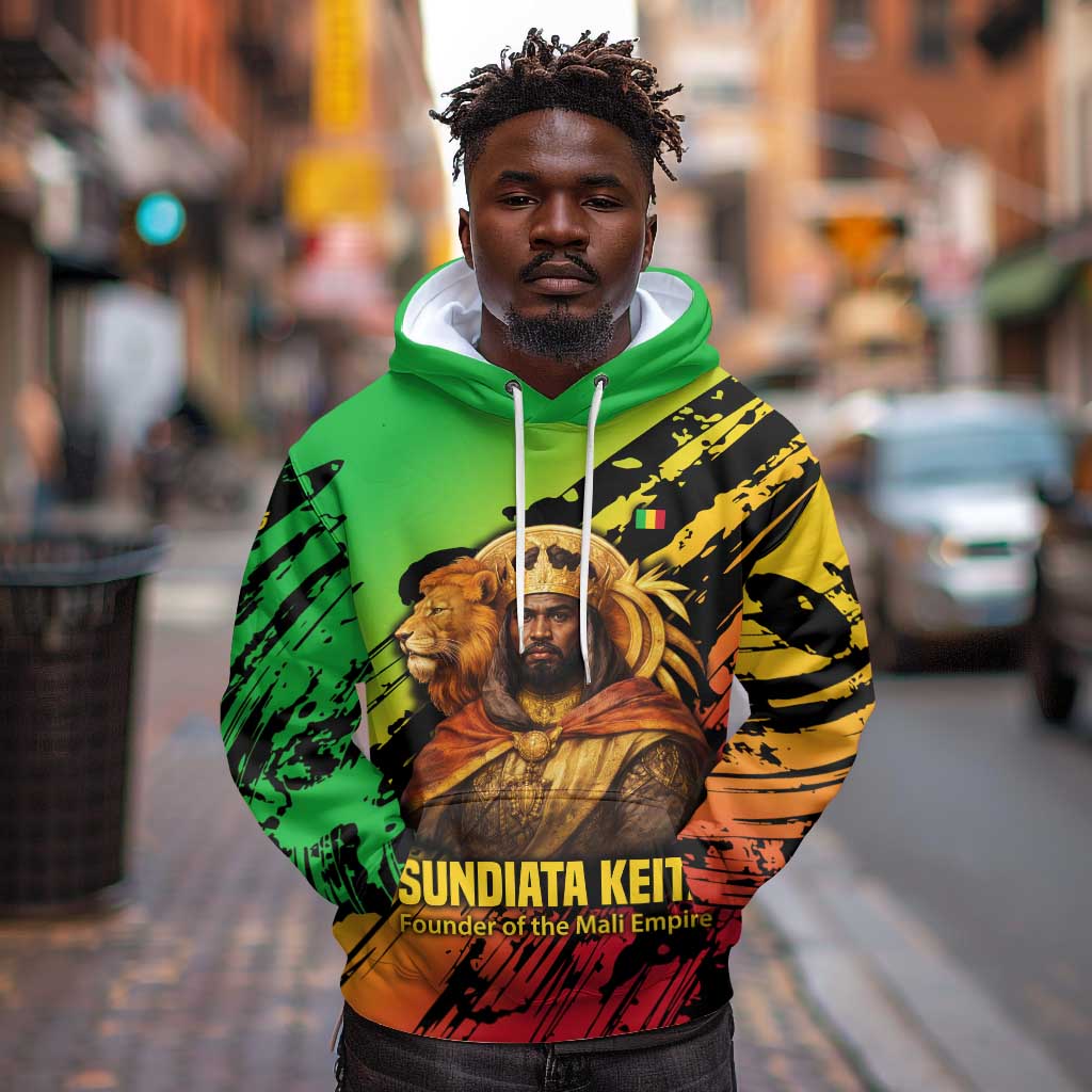 Sundiata Keita Hoodie with Regal Portrait, Lion of Mali Title and Bold Tribal Brushstroke Pattern - African Pride