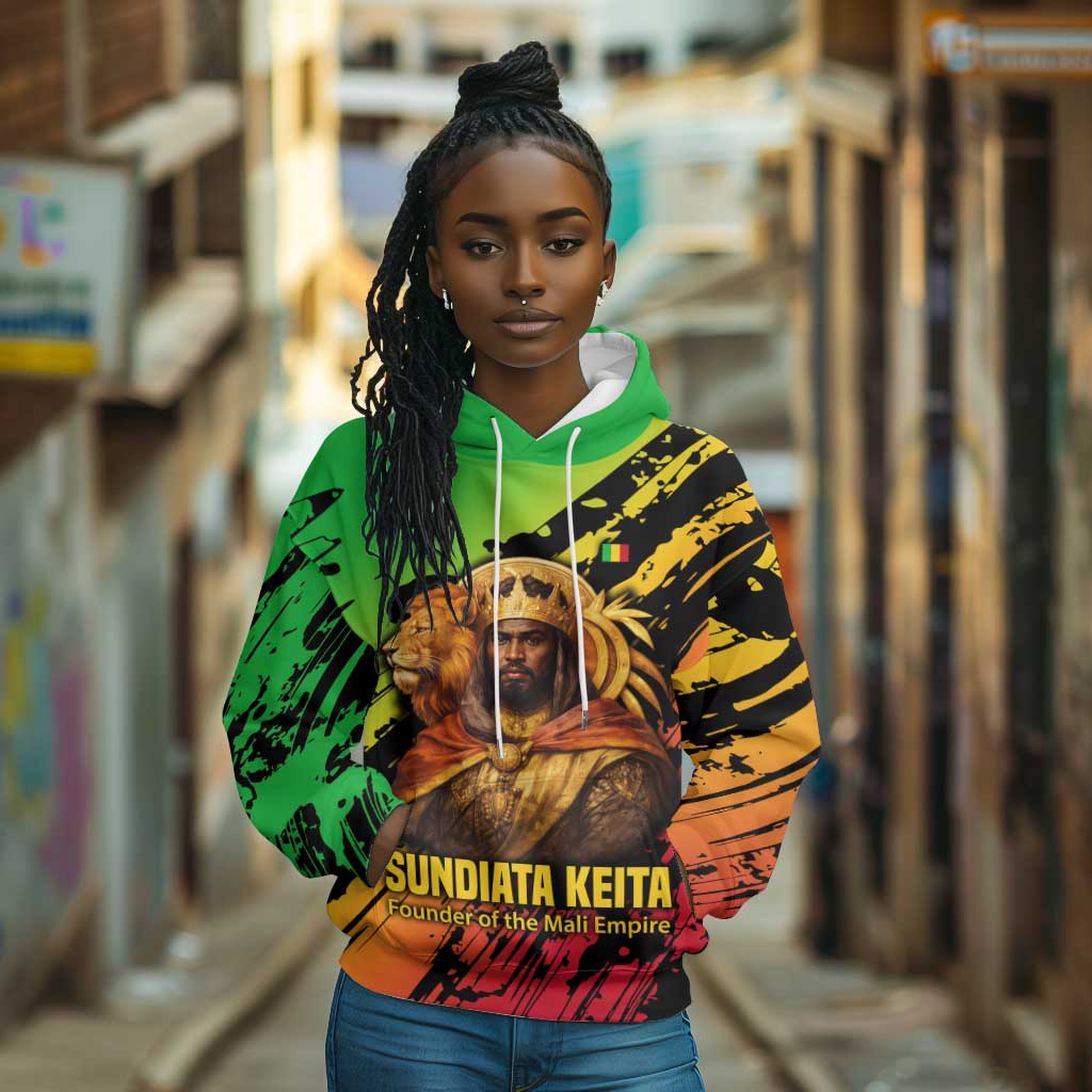 Sundiata Keita Hoodie with Regal Portrait, Lion of Mali Title and Bold Tribal Brushstroke Pattern - African Pride