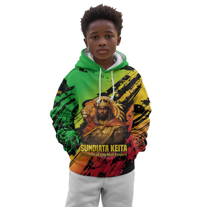 Sundiata Keita Kid Hoodie with Regal Portrait, Lion of Mali Title and Bold Tribal Brushstroke Pattern - African Pride