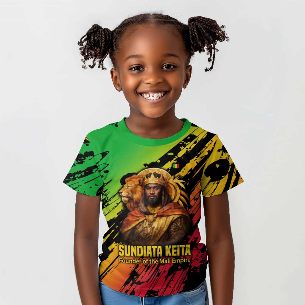 Sundiata Keita Kid T shirt with Regal Portrait, Lion of Mali Title and Bold Tribal Brushstroke Pattern - African Pride