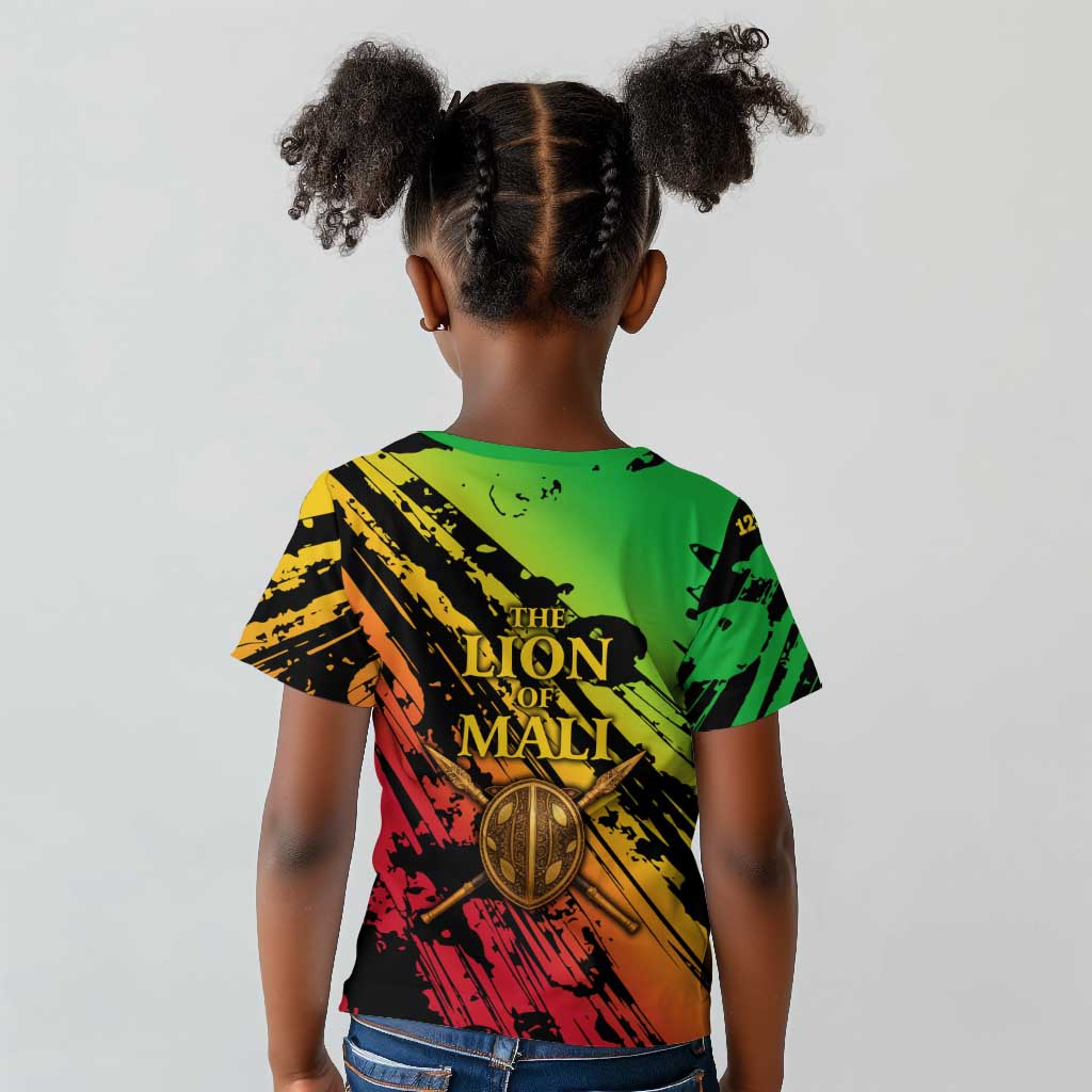 Sundiata Keita Kid T shirt with Regal Portrait, Lion of Mali Title and Bold Tribal Brushstroke Pattern - African Pride