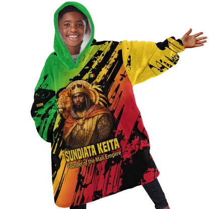 Sundiata Keita Kid Wearable Blanket Hoodie with Regal Portrait, Lion of Mali Title and Bold Tribal Brushstroke Pattern - African Pride