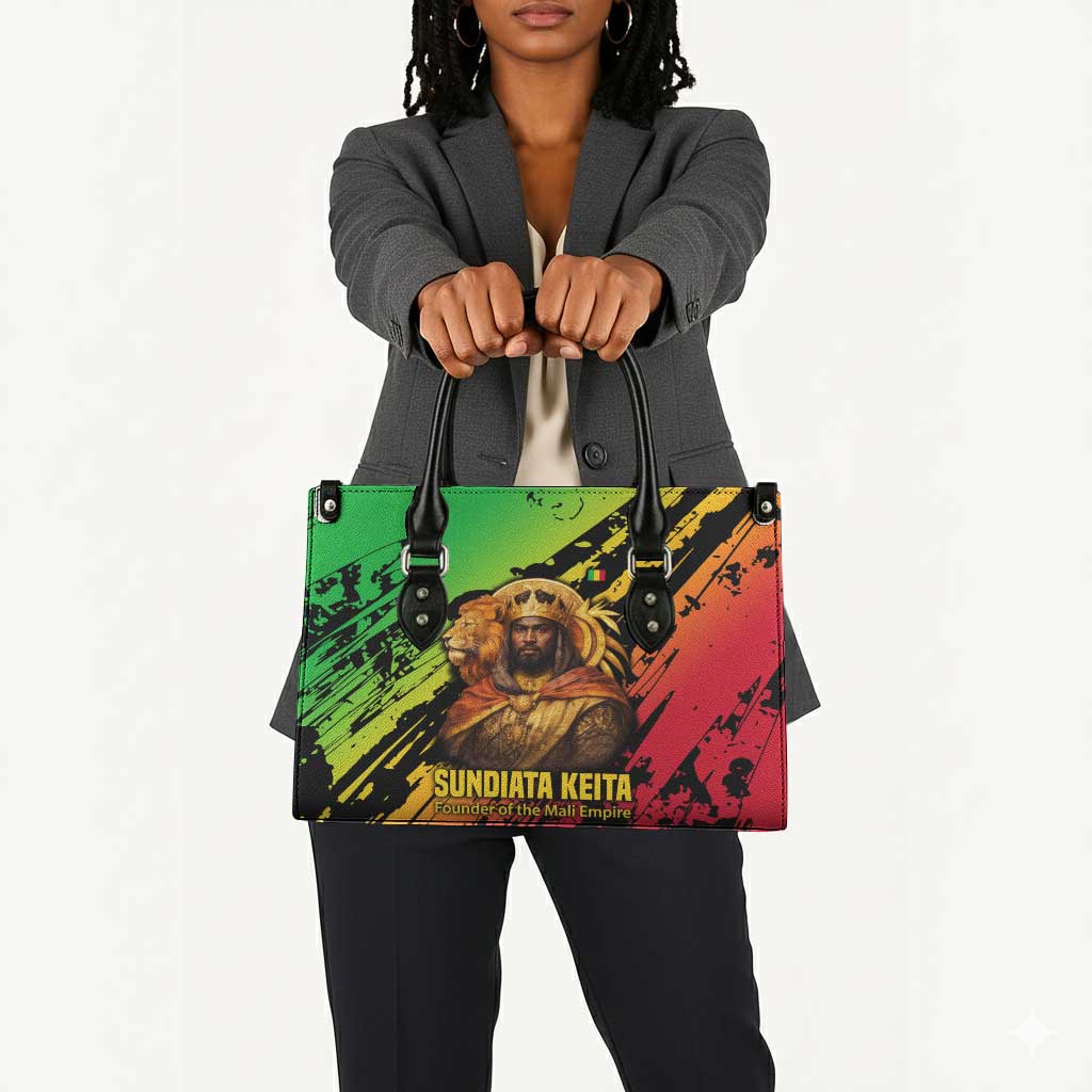 Sundiata Keita Leather Bag with Regal Portrait, Lion of Mali Title and Bold Tribal Brushstroke Pattern - African Pride