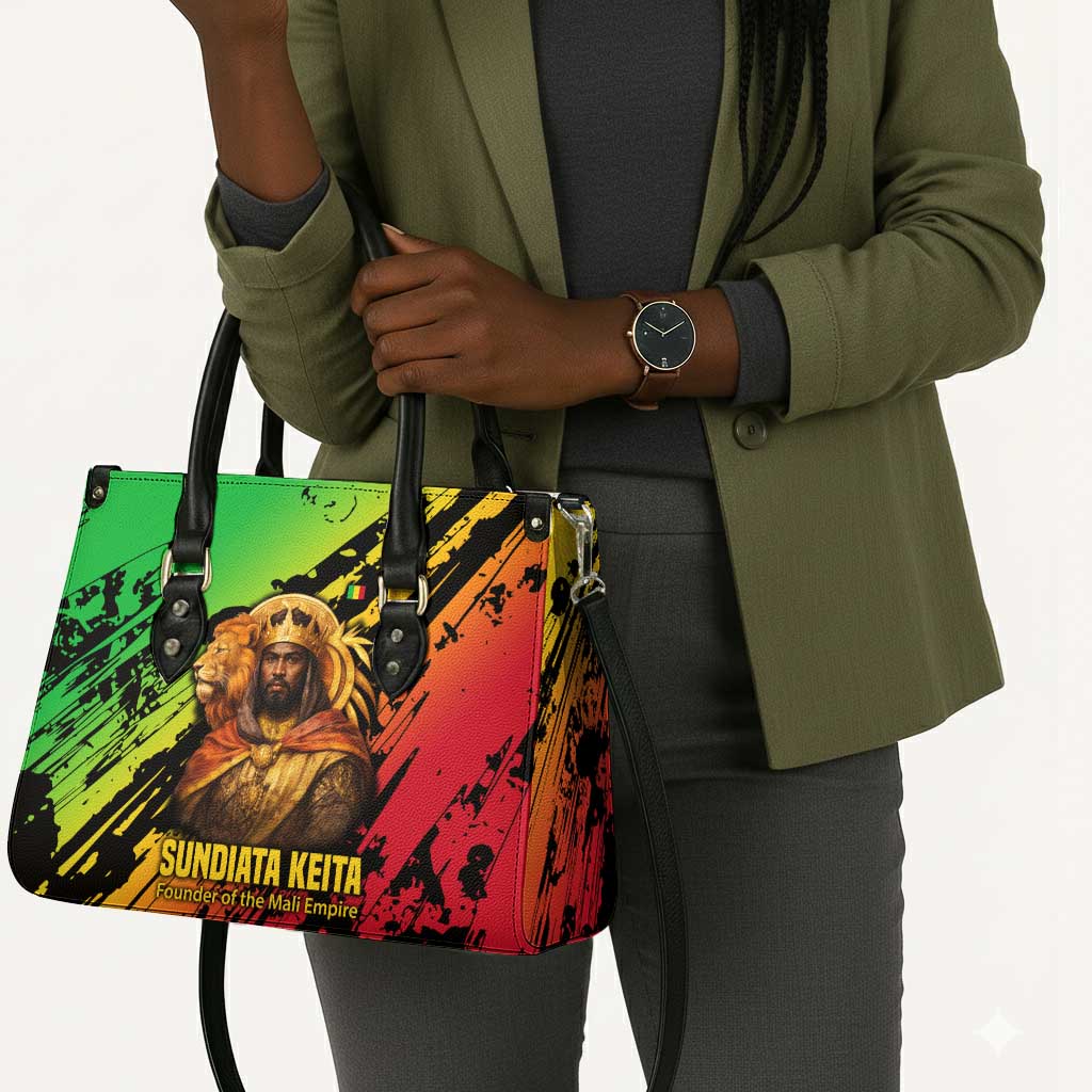 Sundiata Keita Leather Bag with Regal Portrait, Lion of Mali Title and Bold Tribal Brushstroke Pattern - African Pride