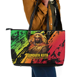 Sundiata Keita Leather Tote Bag with Regal Portrait, Lion of Mali Title and Bold Tribal Brushstroke Pattern - African Pride