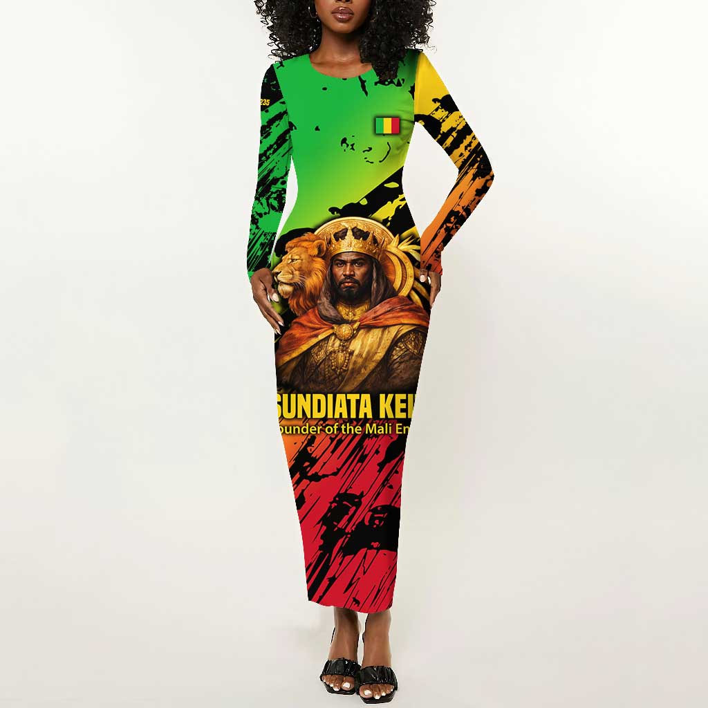 Sundiata Keita Long Sleeve Bodycon Dress with Regal Portrait, Lion of Mali Title and Bold Tribal Brushstroke Pattern - African Pride