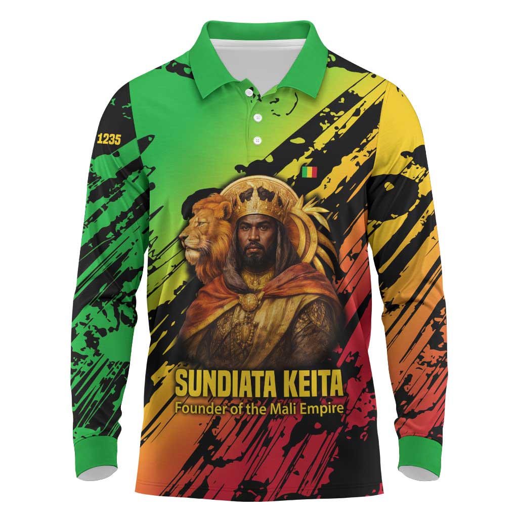 Sundiata Keita Long Sleeve Polo Shirt with Regal Portrait, Lion of Mali Title and Bold Tribal Brushstroke Pattern - African Pride