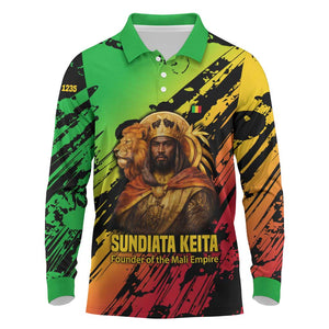 Sundiata Keita Long Sleeve Polo Shirt with Regal Portrait, Lion of Mali Title and Bold Tribal Brushstroke Pattern - African Pride
