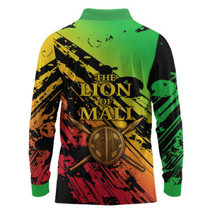 Sundiata Keita Long Sleeve Polo Shirt with Regal Portrait, Lion of Mali Title and Bold Tribal Brushstroke Pattern - African Pride