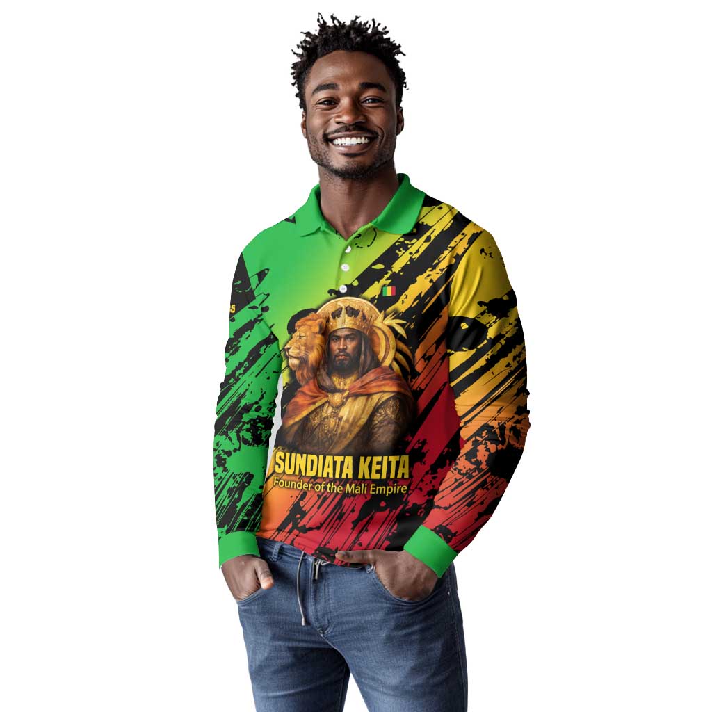 Sundiata Keita Long Sleeve Polo Shirt with Regal Portrait, Lion of Mali Title and Bold Tribal Brushstroke Pattern - African Pride